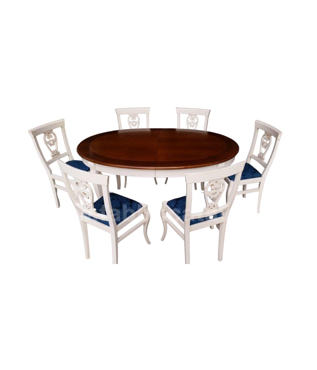 Set tavolo ovale allungabile Legno Intarsio bicolore 160x110x77 con 6 sedie imbottite