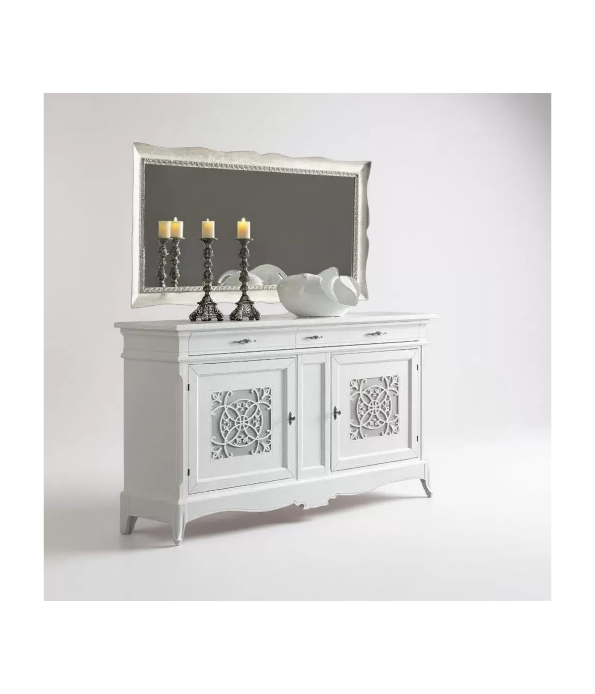 Madia credenza 2 porte 3 cassetti legno shabby bianco con intarsi 201X56X117