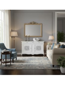 Madia credenza 2 porte 3 cassetti legno shabby bianco con intarsi 201X56X117