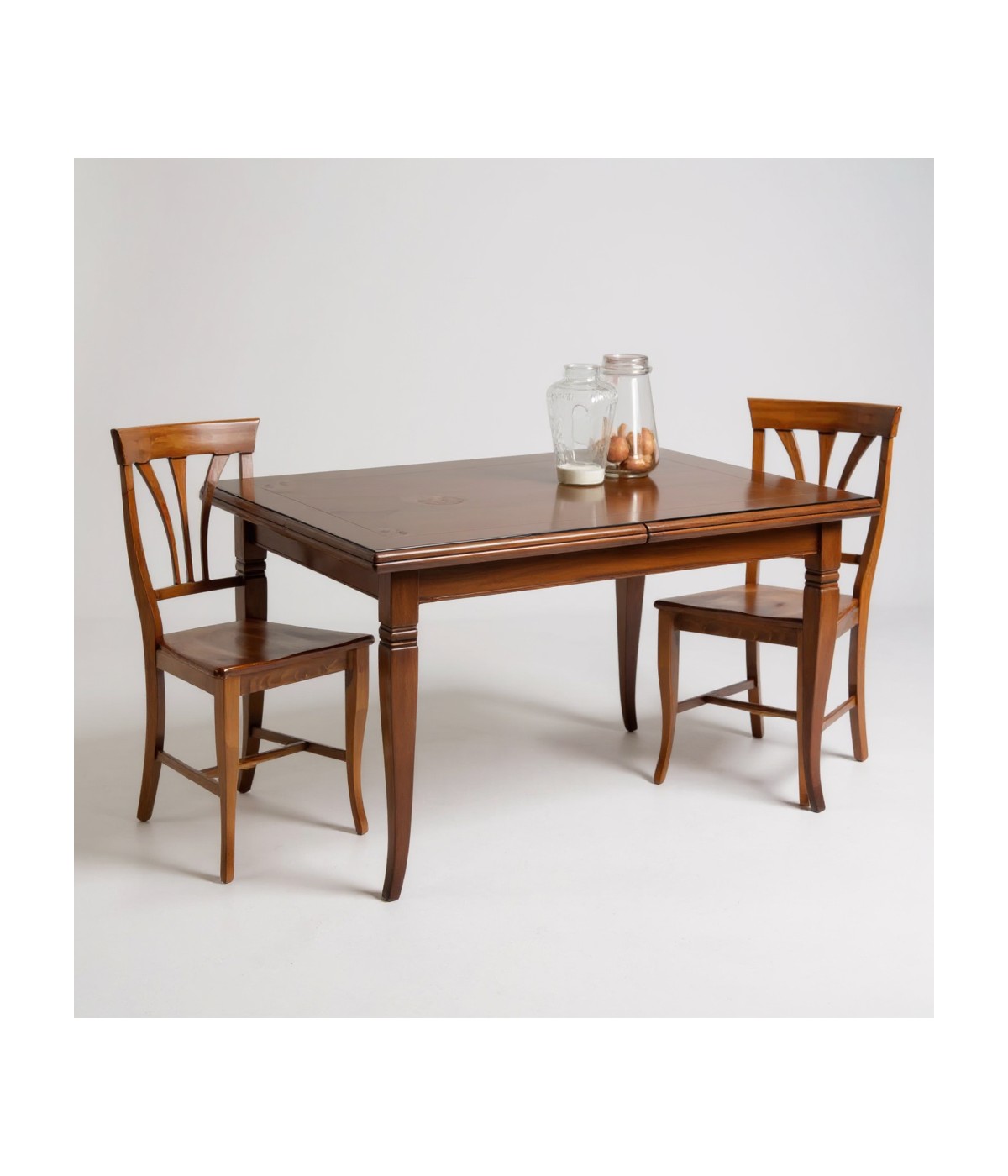 Set tavolo classico legno intarsiato bassano 180x90x78 con 6 sedie seduta legno