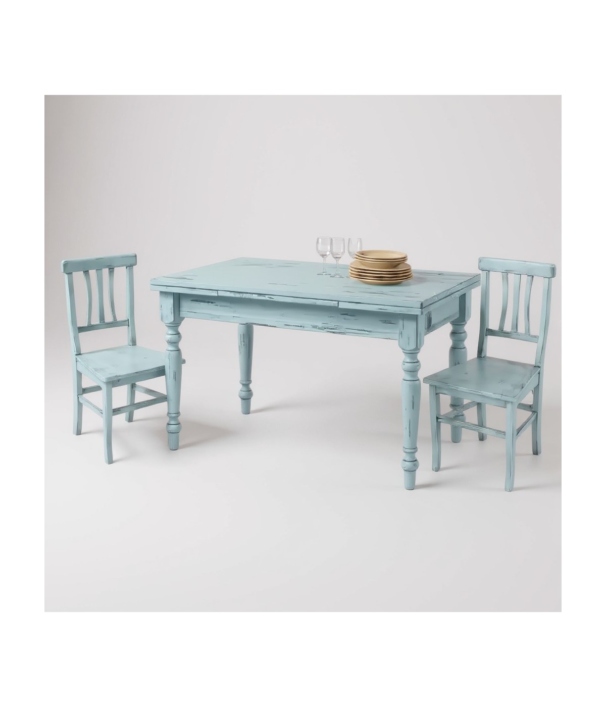 Set tavolo rettangolare shabby azzurro anticato 120x80 130x85 140x80 160x85 allungabile con 4/6 sedie seduta legno