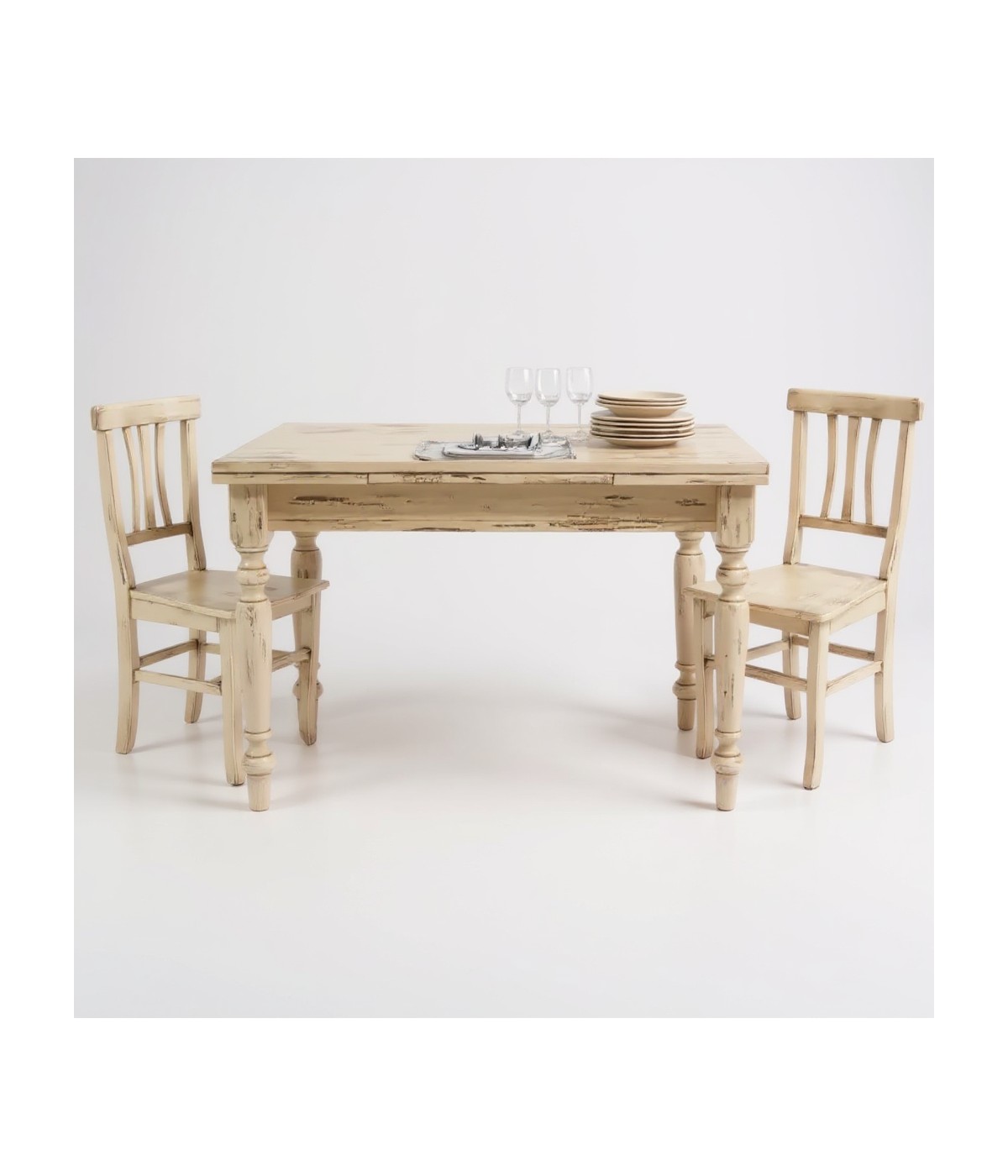 Set tavolo rettangolare shabby avorio anticato 120x80 130x85 140x80 160x85 allungabile con 4/6 sedie seduta legno