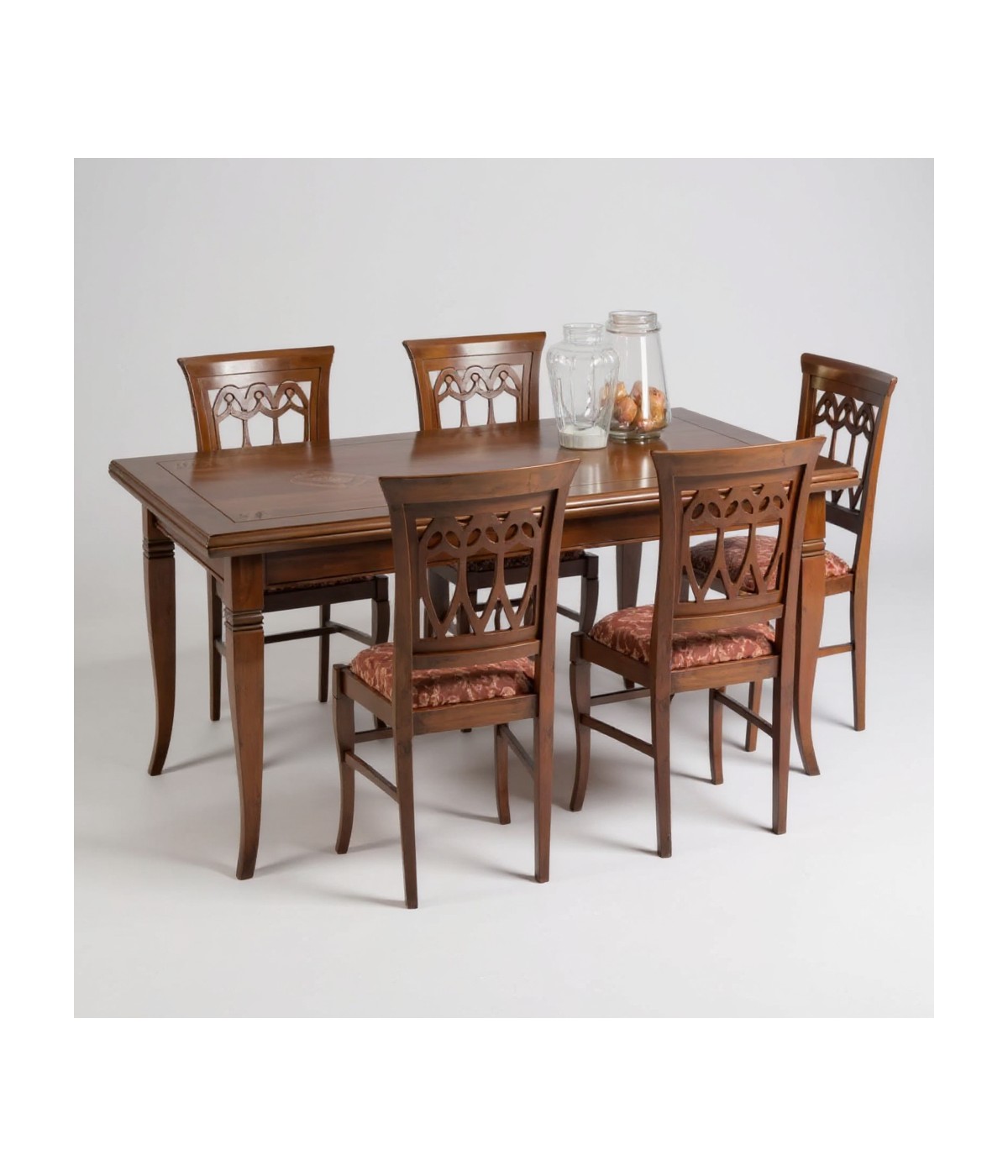 Set tavolo classico legno intarsiato bassano 180x90x78 con 6 sedie
