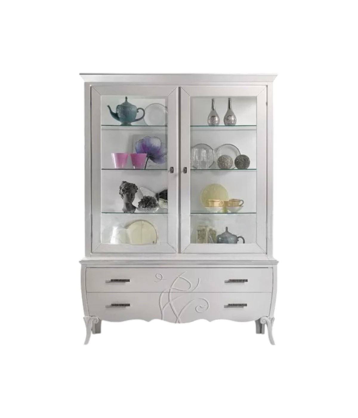 Cristalliera 2 porte 2 cassetti legno shabby bianco decori rilievo 161X54X217