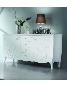 Credenza 2 porte 4 cassetti legno shabby bianco decori rilievo 211X60X110