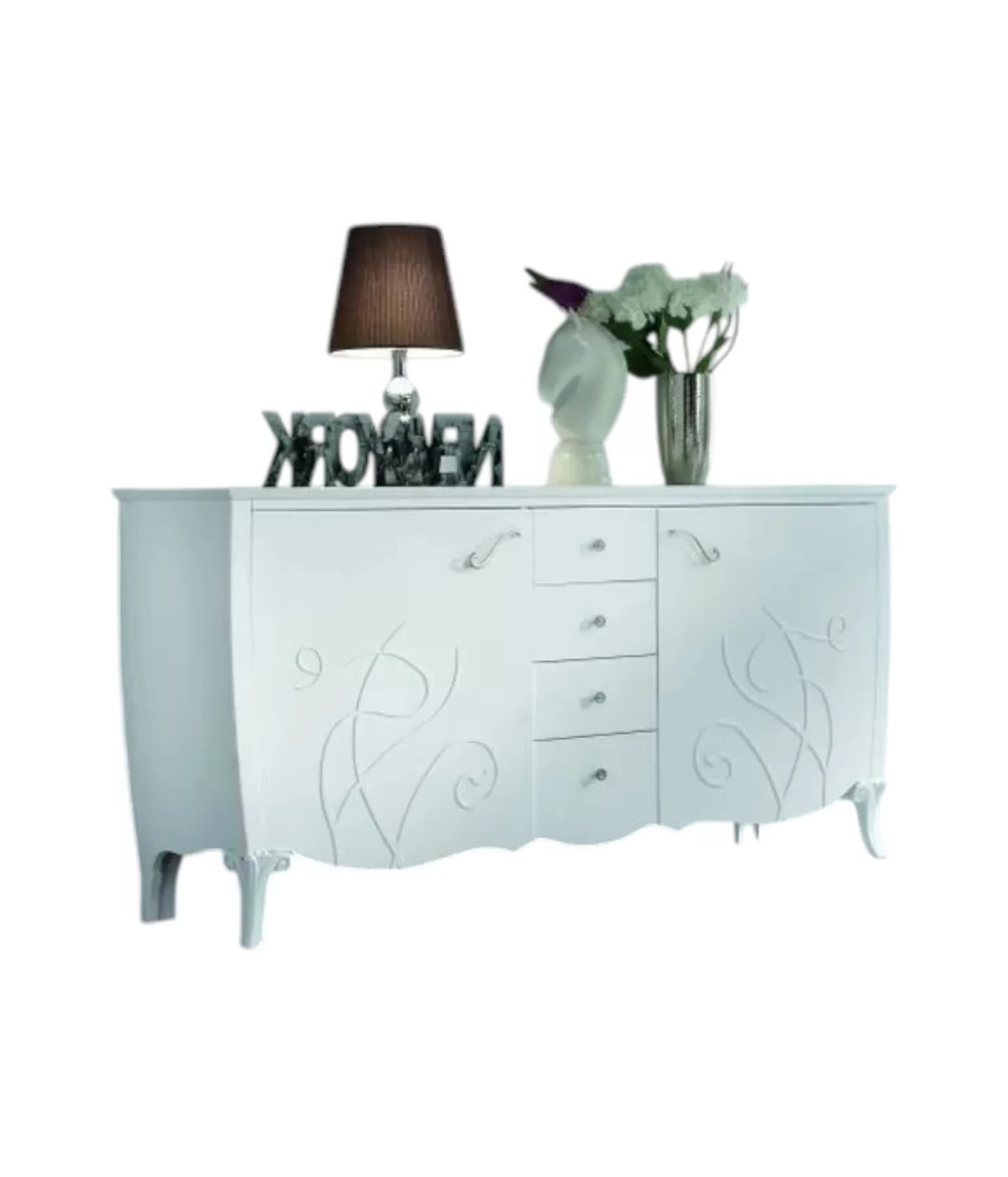 Credenza 2 porte 4 cassetti legno shabby bianco decori rilievo 211X60X110