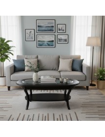 TAVOLINO OVALE PIANO VETRO SHABBY LEGNO NERO 110X60X48