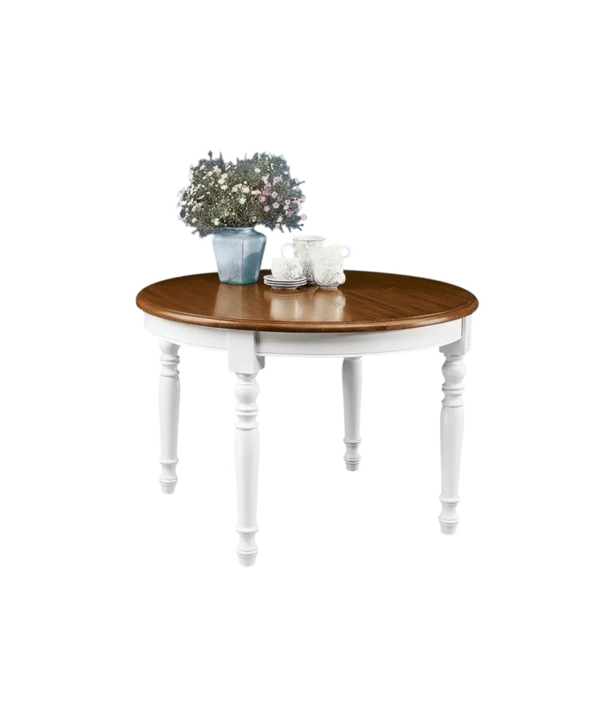 TAVOLO ROTONDO SHABBY ALLUNGABILE LEGNO MASSELLO BIANCO E NOCE 120X120X78