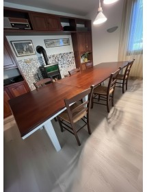 Set tavolo allungabile legno shabby bianco e noce 160x85 180x85 180x100 con 6 sedie paglia