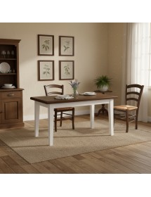 Set tavolo allungabile legno shabby bianco e noce 160x85 180x85 180x100 con 6 sedie paglia