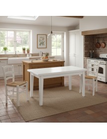 Set tavolo shabby bianco160X85 180x85 180x100 allungabile con 6 sedie legno seduta paglia