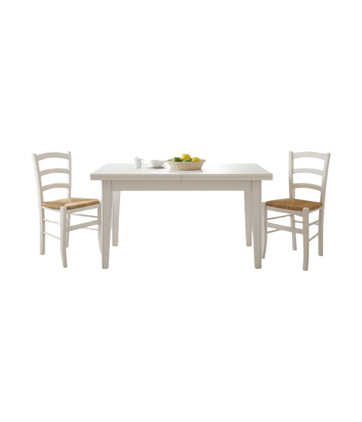 Set tavolo shabby bianco160X85 180x85 180x100 allungabile con 6 sedie legno seduta paglia