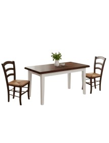 Set tavolo allungabile legno shabby bianco e noce 160x85 180x85 180x100 con 6 sedie paglia