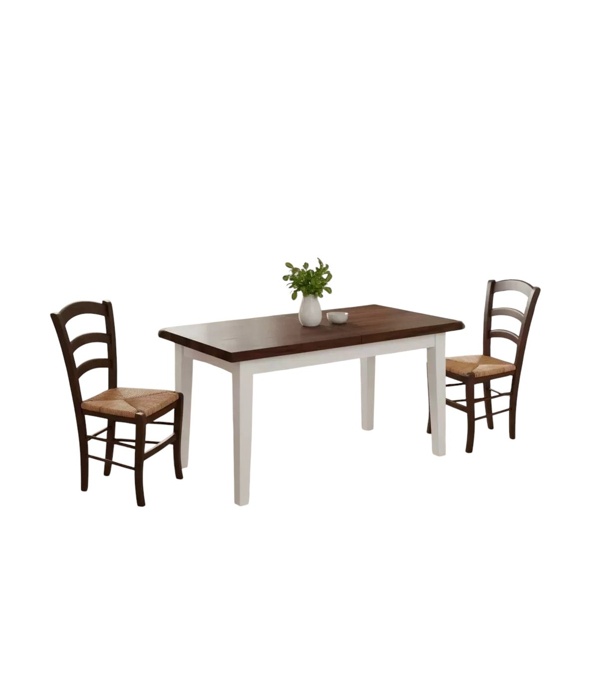 Set tavolo allungabile legno shabby bianco e noce 160x85 180x85 180x100 con 6 sedie paglia