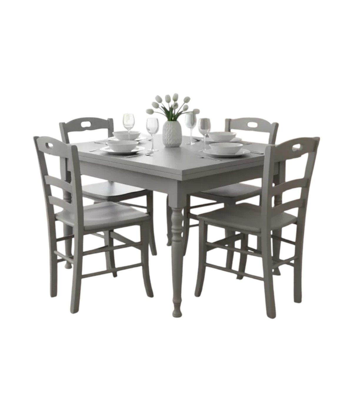 Set tavolo shabby grigio anticato gamba tornita 100x70 120x80 130x85 140x80 160x85 allungabile con 4/8 sedie seduta legno