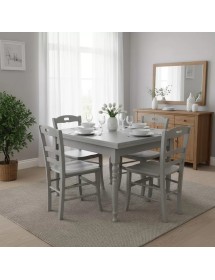 Set tavolo quadrato shabby grigio anticato tornito 90x90 100x100 allungabile con 4 sedie seduta legno vista frontale