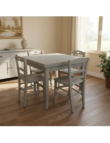 Set tavolo quadrato shabby grigio anticato 90x90 100x100 allungabile con 4 sedie seduta legno VISTA FRONTALE