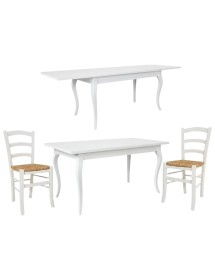Set tavolo rettangolare shabby bianco 100x70 120x80 140x80 160x85 allungabile con 4/6 sedie legno seduta paglia