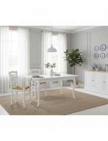 Set tavolo rettangolare shabby bianco 100x70 120x80 140x80 160x85 allungabile con 4/6 sedie legno seduta paglia