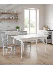 Set tavolo rettangolare shabby bianco 100x70 120x80 140x80 160x85 allungabile con 4/6 sedie legno seduta paglia