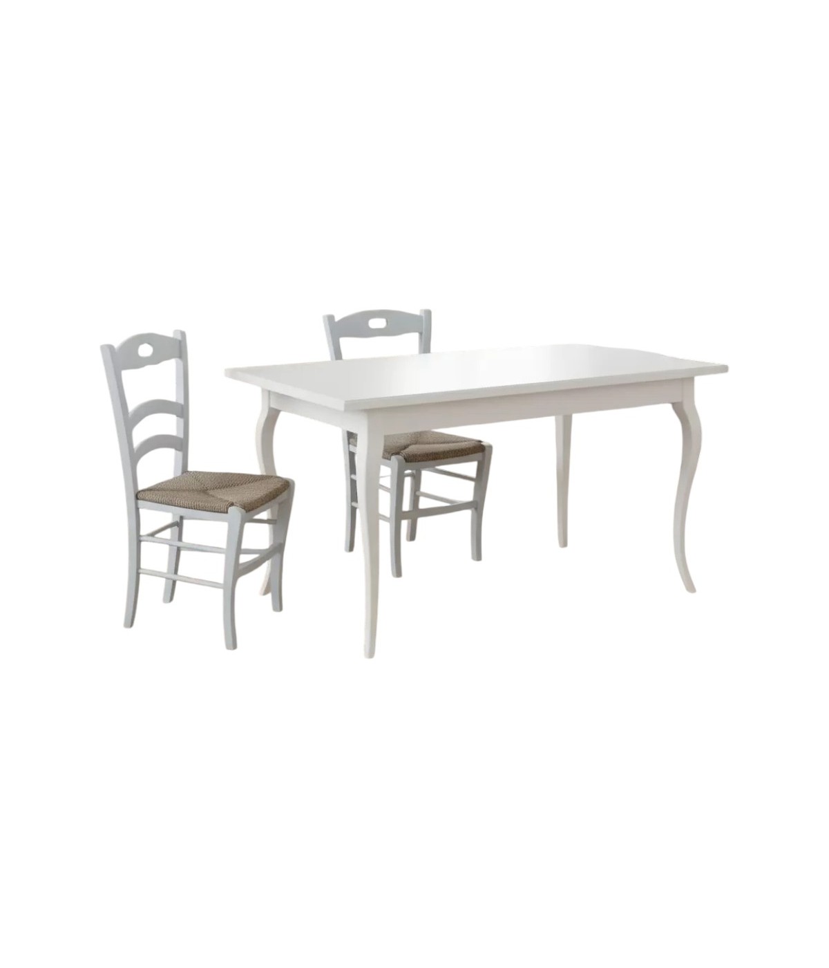 Set tavolo rettangolare shabby bianco 100x70 120x80 140x80 160x85 allungabile con 4/6 sedie legno seduta paglia