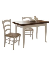 Set tavolo rettangolare shabby bicolore 100x70 120x80 140x80 160x85 allungabile con 4/6 sedie seduta paglia