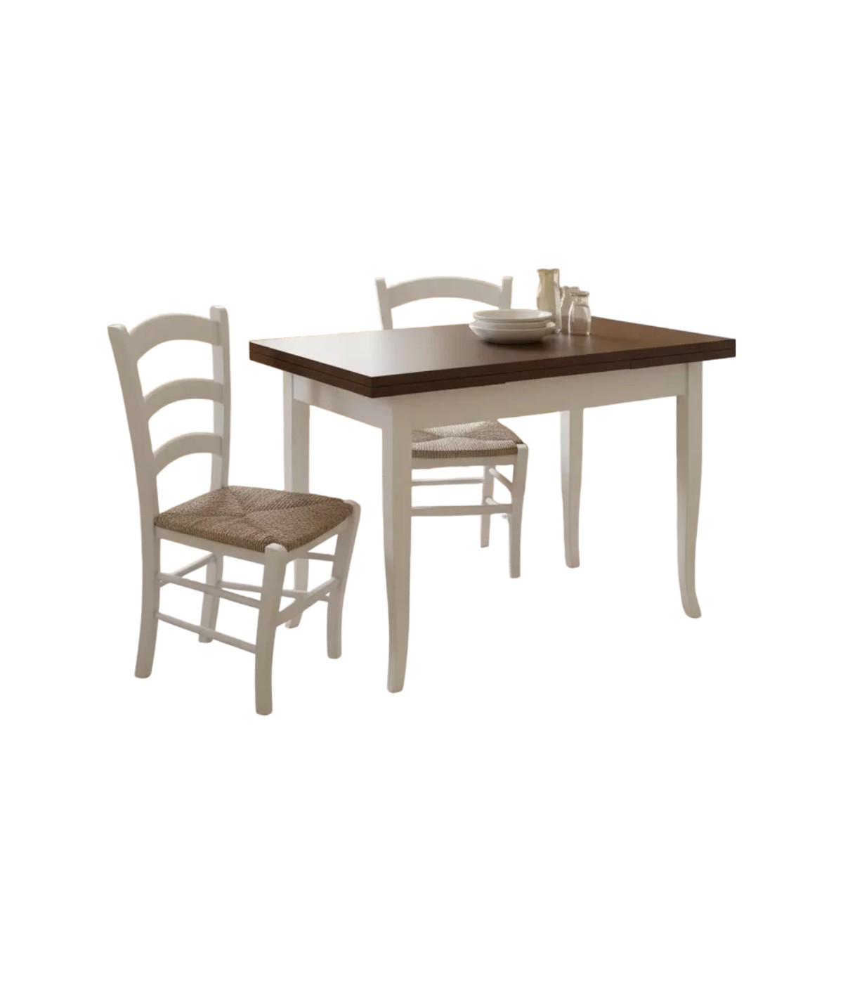 Set tavolo rettangolare shabby bicolore 100x70 120x80 140x80 160x85 allungabile con 4/6 sedie seduta paglia