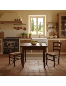 Set tavolo quadrato arte povera gamba tornita 90x90 100x100 allungabile con 4 sedie seduta paglia