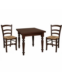 Set tavolo quadrato arte povera gamba tornita 90x90 100x100 allungabile con 4 sedie seduta paglia