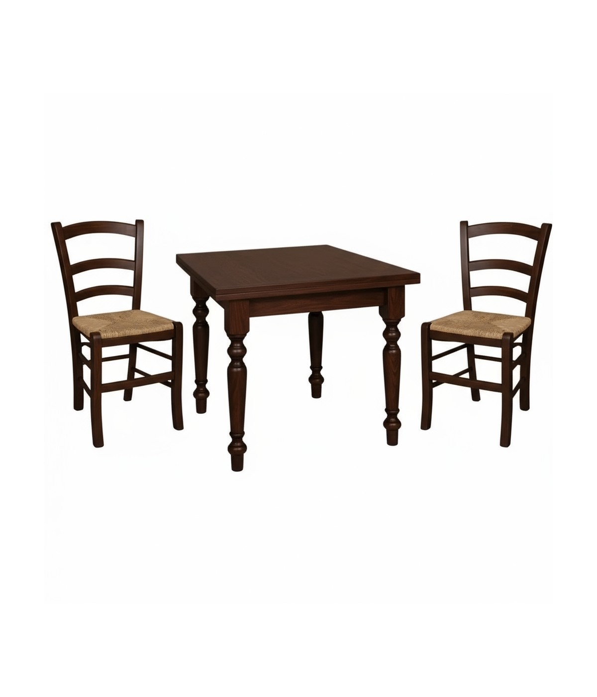 Set tavolo quadrato arte povera gamba tornita 90x90 100x100 allungabile con 4 sedie seduta paglia