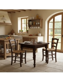 Set tavolo quadrato arte povera gamba tornita 90x90 100x100 allungabile con 4 sedie seduta paglia