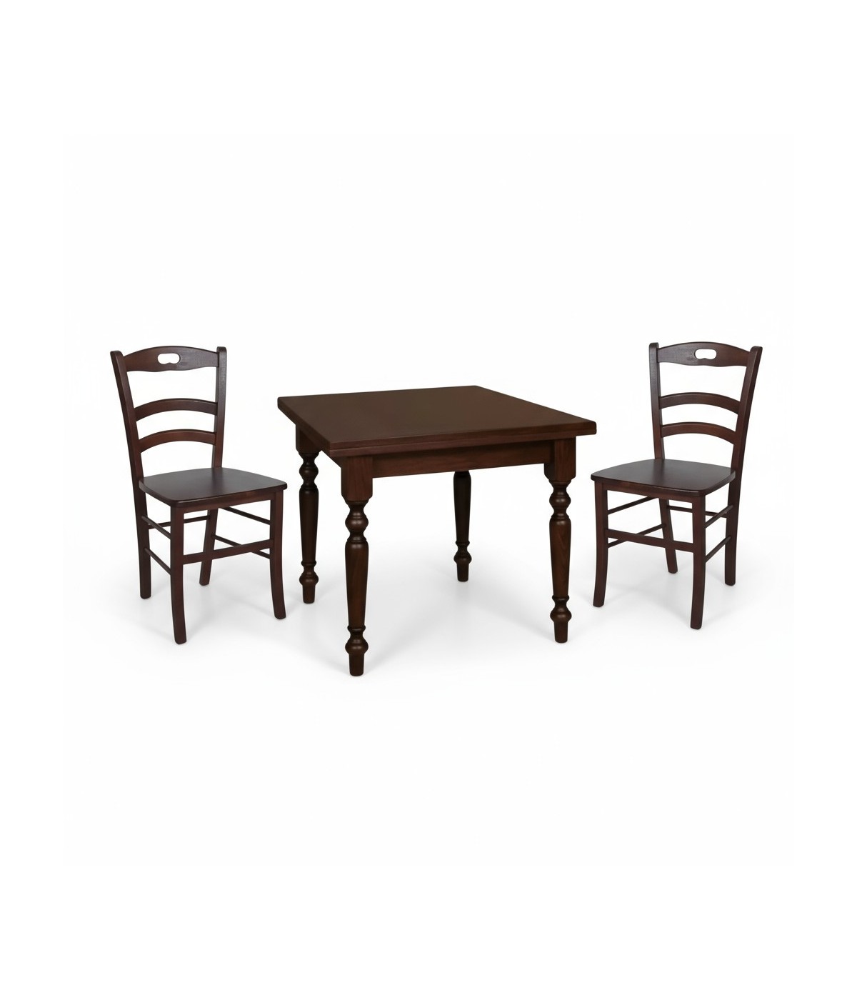 Set tavolo quadrato arte povera gamba tornita 90x90 100x100 allungabile con 4 sedie seduta legno