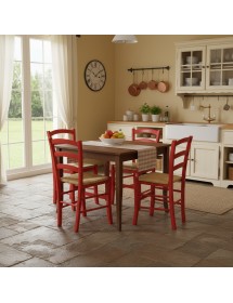 Set tavolo quadrato a libro noce 90x90 100x100 allungabile con 4 sedie rosse