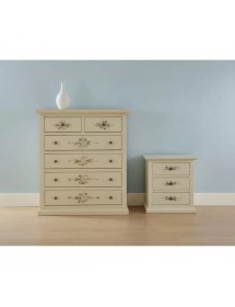 Gruppo 1 Cassettiera 2 Comodini legno shabby avorio anticato decorato