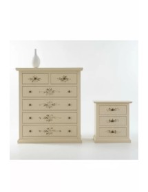 Gruppo 1 Cassettiera 2 Comodini legno shabby avorio anticato decorato
