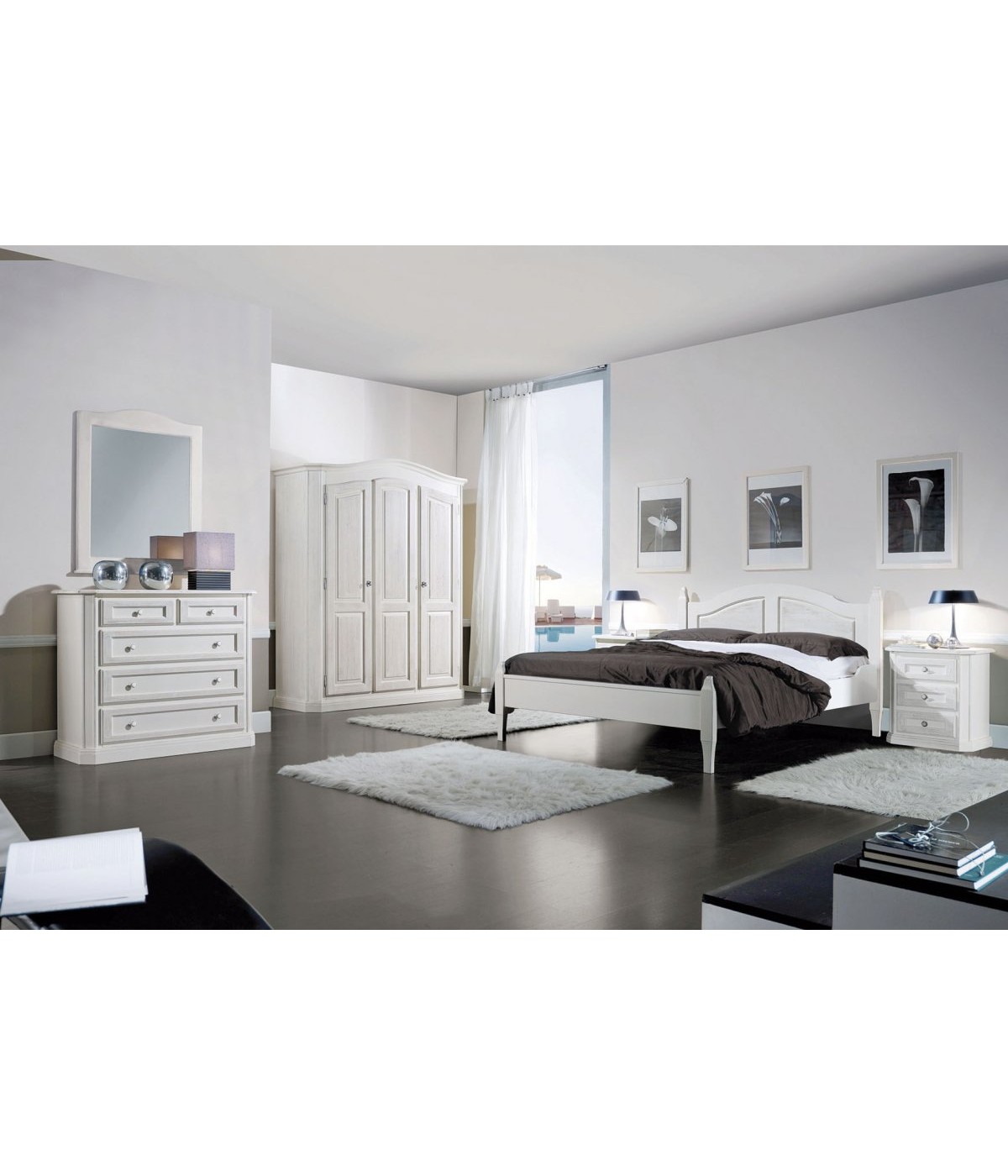 Camera da letto completa legno abete shabby chic bianco