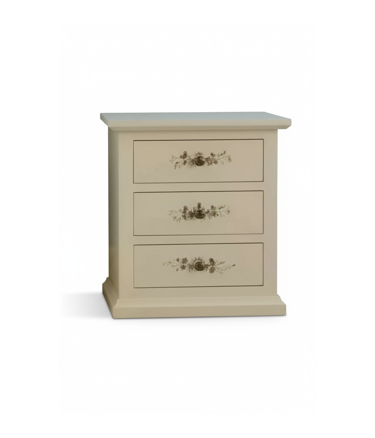 Comodino 3 cassetti legno shabby avorio anticato decori 60x35x64