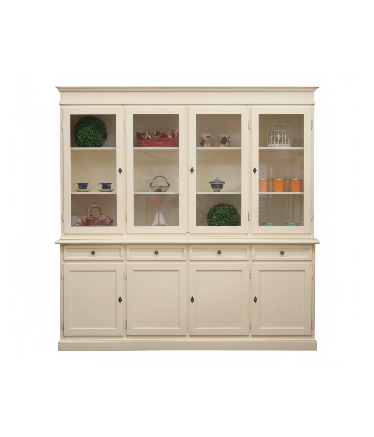 Cristalliera classica 4 porte legno shabby avorio 205X42X205