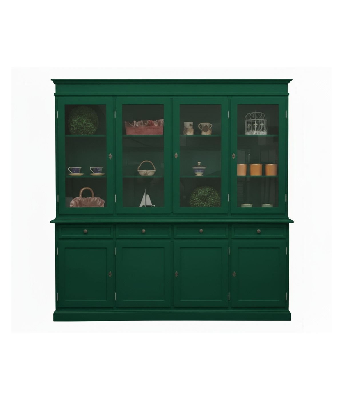 Cristalliera classica 4 porte 4 cassetti legno shabby verde 205X42X205