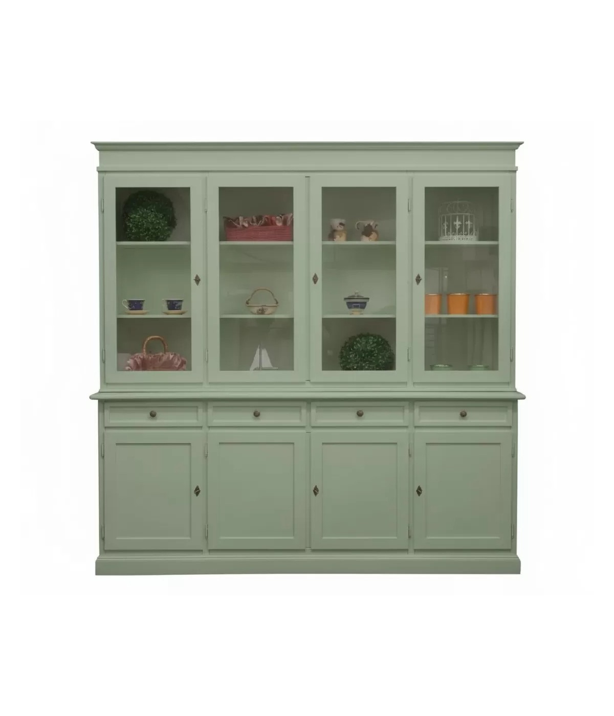 Cristalliera classica 4 porte 4 cassetti legno shabby verde salvia 205X42X205