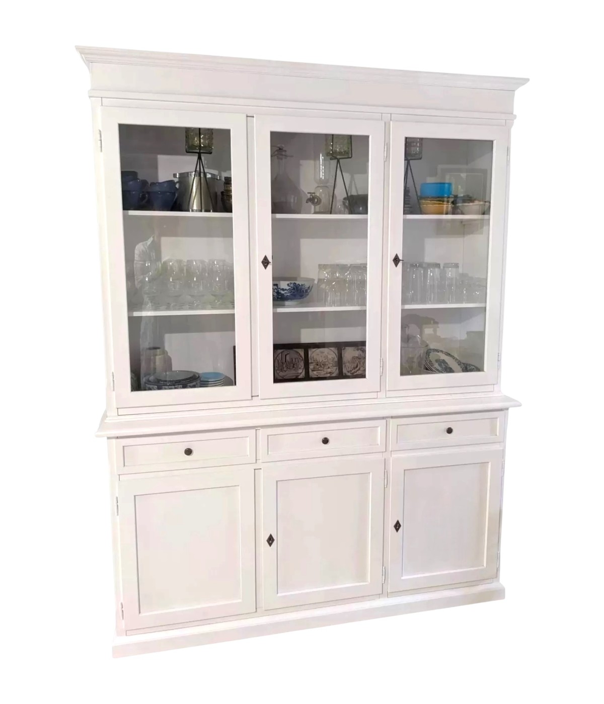 MOBILI 2G - CRISTALLIERA ARTE POVERA 3 PORTE IN LEGNO SHABBY BIANCO 156X42X205 vista laterale