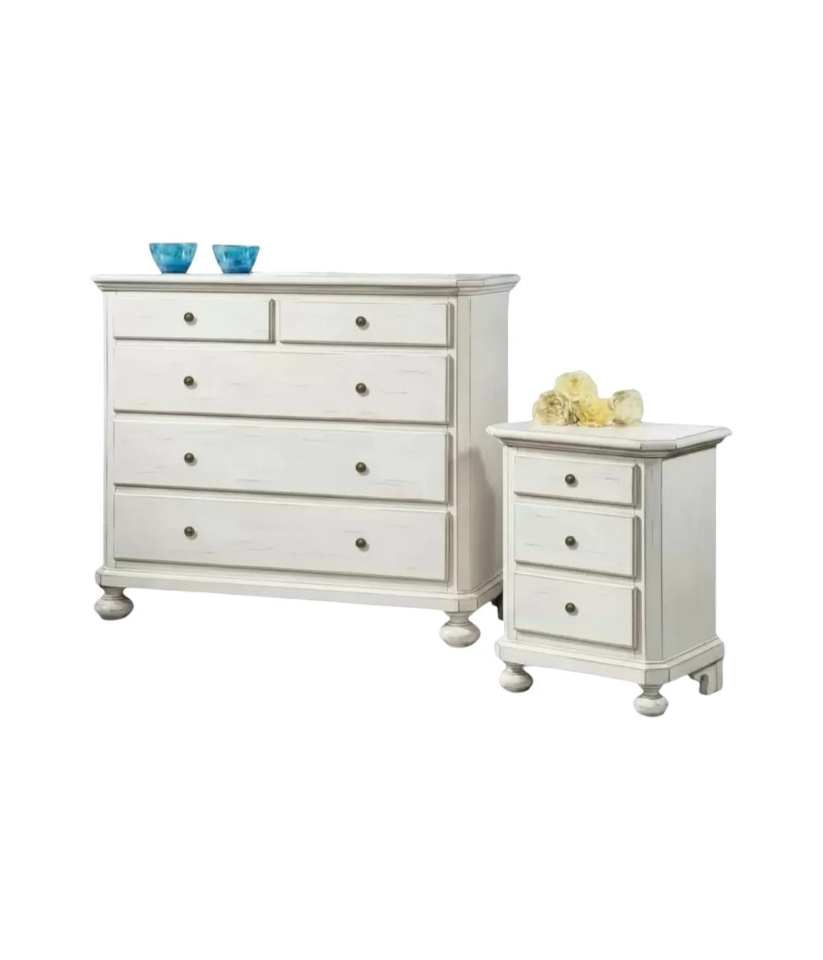 Gruppo 1 Cassettiera 2 Comodini legno arte povera bianco invecchiato