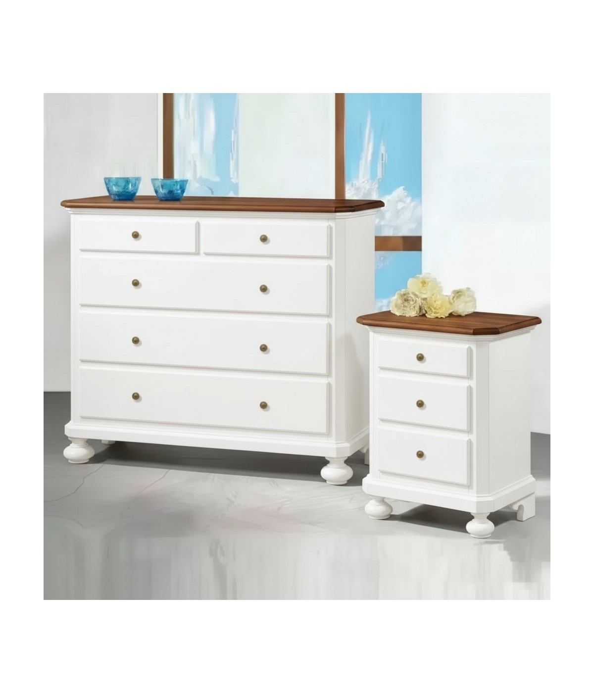 Gruppo 1 Cassettiera 2 Comodini legno bicolore bianco e noce