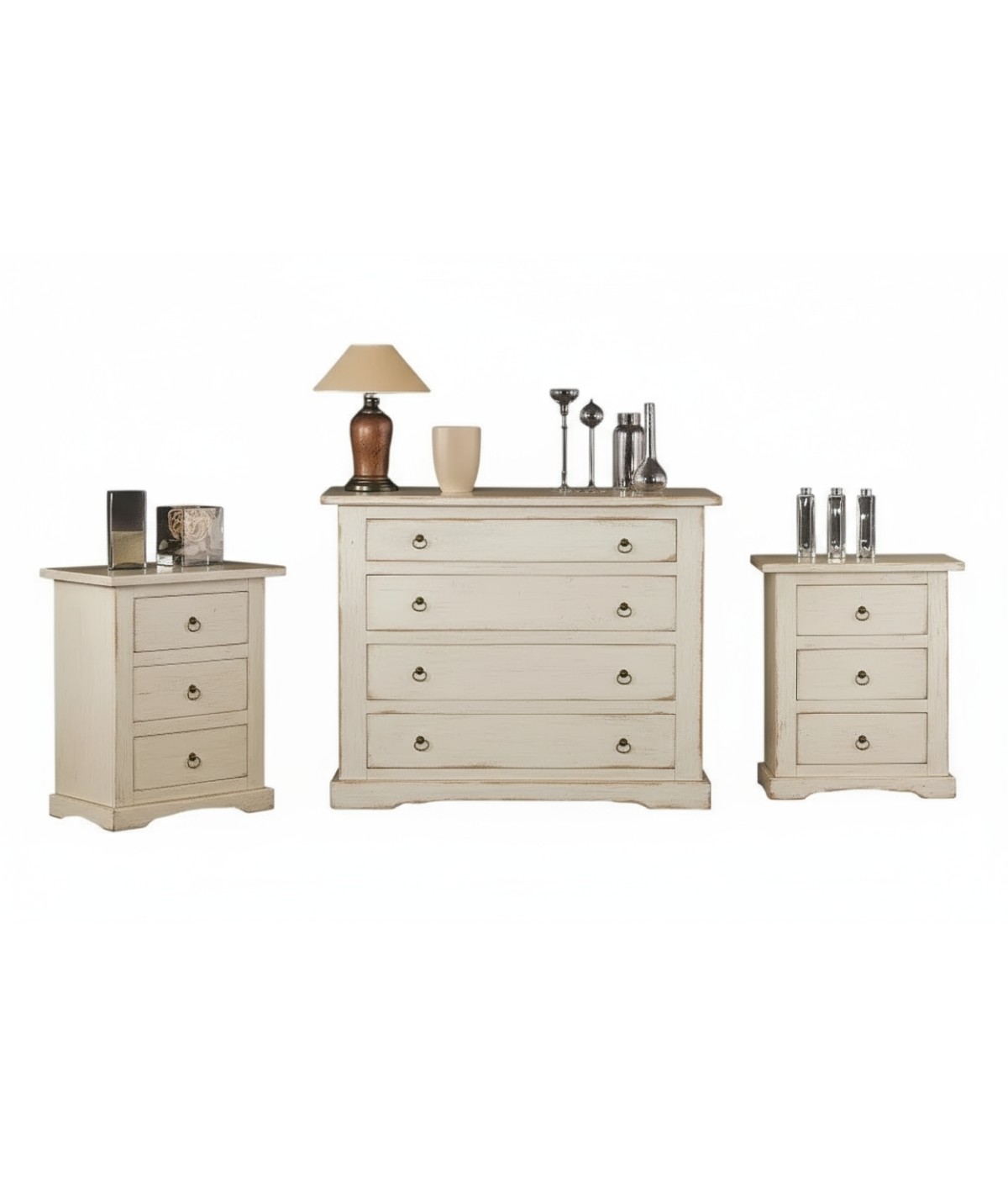 Gruppo 1 cassettiera 2 comodini shabby laccato bianco anticato