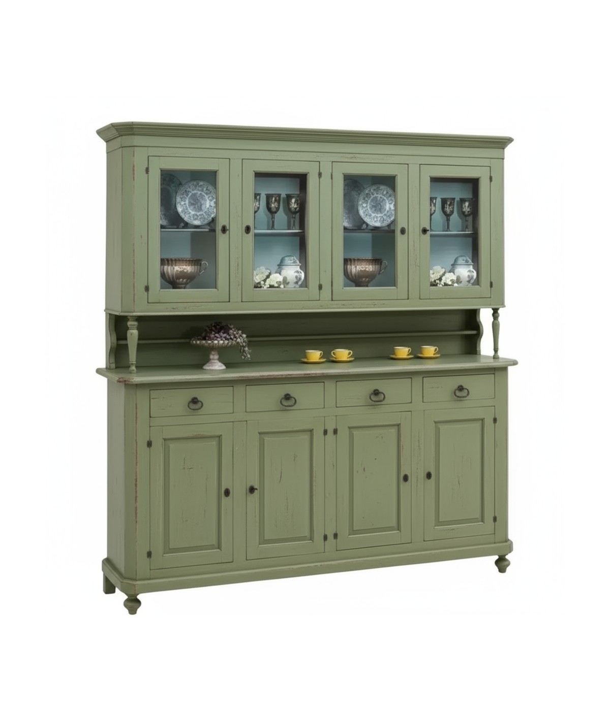Cristalliera 4 porte legno shabby verde salvia consumato 196X43X208