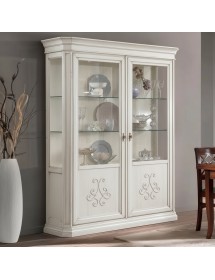 Vetrina classica 2 porte intarsio legno bianco anticato rilievi 162X54x217