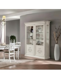 Vetrina classica 2 porte intarsio legno bianco anticato rilievi 162X54x217