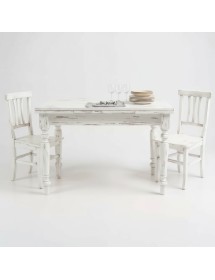 Set tavolo rettangolare shabby bianco anticato 120x80 130x85 140x80 160x85 allungabile con 4/6 sedie seduta legno