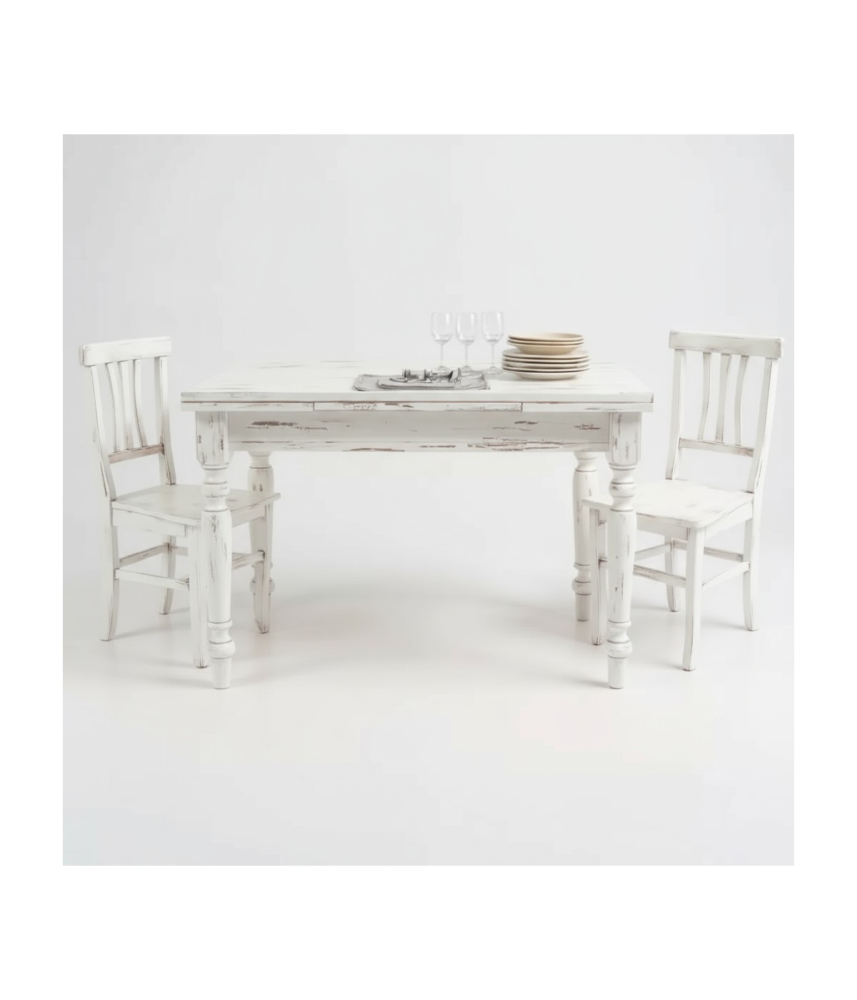 Set tavolo rettangolare shabby bianco anticato 120x80 130x85 140x80 160x85 allungabile con 4/6 sedie seduta legno