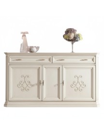 Credenza classica 3 porte 2 cassetti legno bianco anticato rilievo 196X50X110